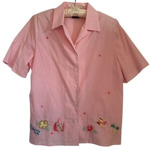 Vintage Allison Daley Button 80s Women's Embroidered Beach Striped Blouse Sz 12